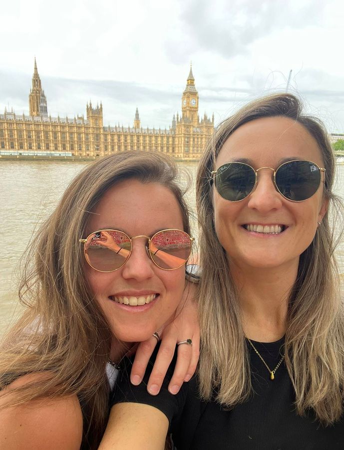 Becky and Giulia in front of Big Ben on the day of the proposal